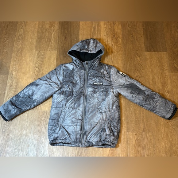 Timberland Other - Timberland Storm Printed Puffer Coat Boys 14-16 Gray Hooded Full Zip Warm Lined